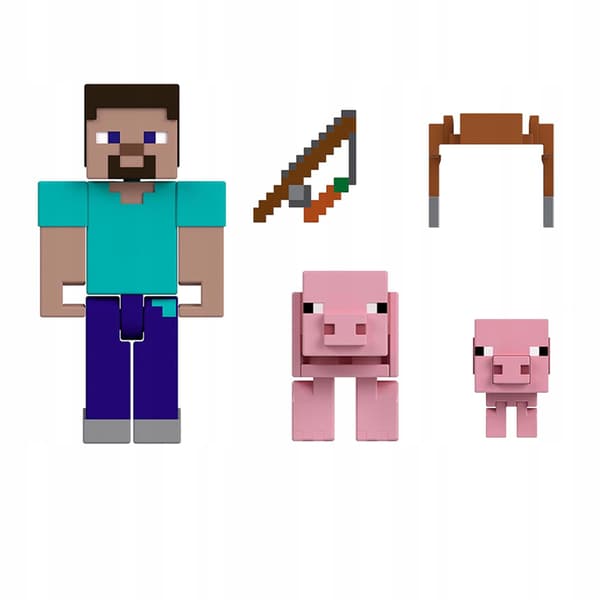 MINECRAFT STEVE FIGURE – pixel-style figure, PIGS + accessories HTL88