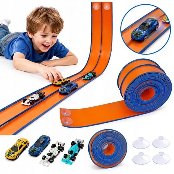 RUBBER RACING TRACK SET – 4.5 M, 4 METAL CARS, REVERSE FUNCTION, SUCTION CUP, GIFT