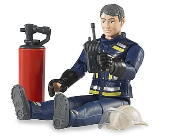 FIREMAN FIGURINE WITH ACCESSORIES, MOVABLE LIMBS AND FIRE EXTINGUISHER