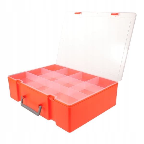 ORANGE PLASTIC STORAGE BOX FOR BUILDING BLOCKS, WITH A HANDLE AND COMPARTMENTS