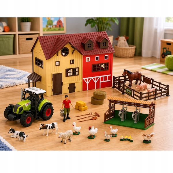 A FARM WITH A TRACTOR AND A BARN, ANIMALS