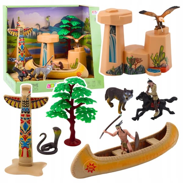 Native American Set with a Canoe, Totem Pole and Animals