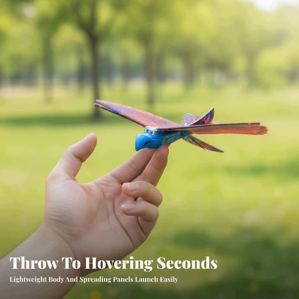 Hand-launched electric flying toy featuring a multi-coloured red bird for hand-launching