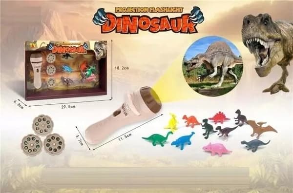 A battery-powered dinosaur projector featuring 12 dinosaurs.