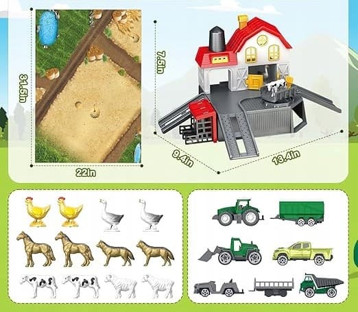 TOY FARM, FARMYARD, BARN, ANIMAL FIGURES, TRACTOR, COW, GIFT SET