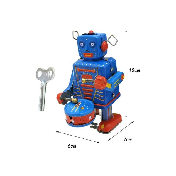 Wind-up Drum Robot Toy, Tinplate, clockwork mechanism, Home Office, Antique