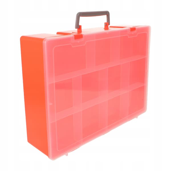 ORANGE PLASTIC STORAGE BOX FOR BUILDING BLOCKS, WITH A HANDLE AND COMPARTMENTS