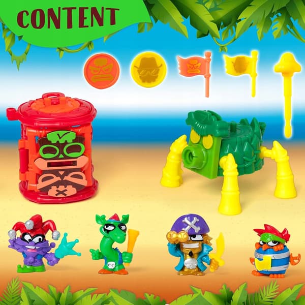 PIRATES SET: 4 FIGURINES, GOLDEN CAPTAIN, CAGE, CANNON, FLAGS, COINS – 3+