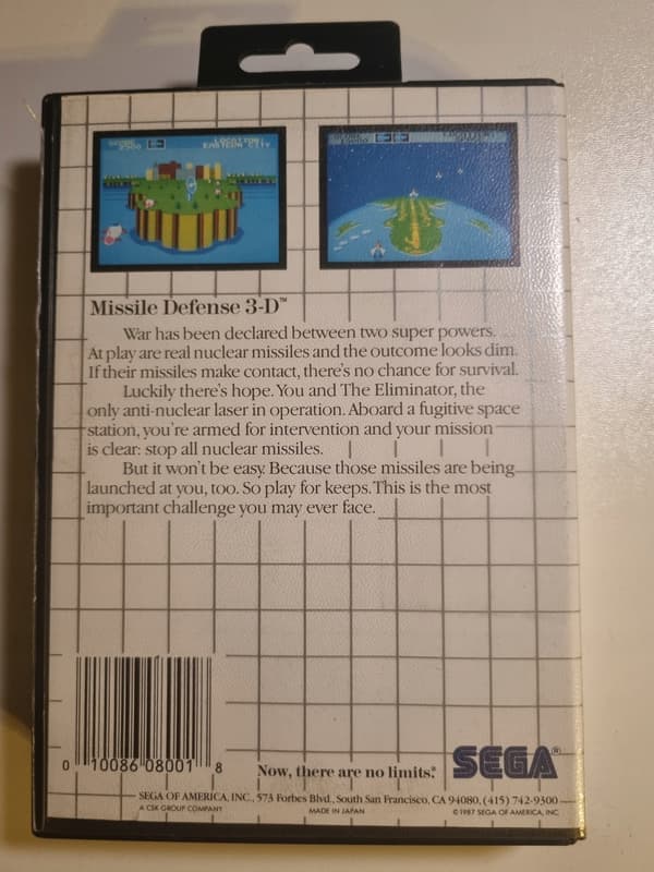 Missile Defence 3-D, a Mega Cartridge game for the SEGA MASTER SYSTEM