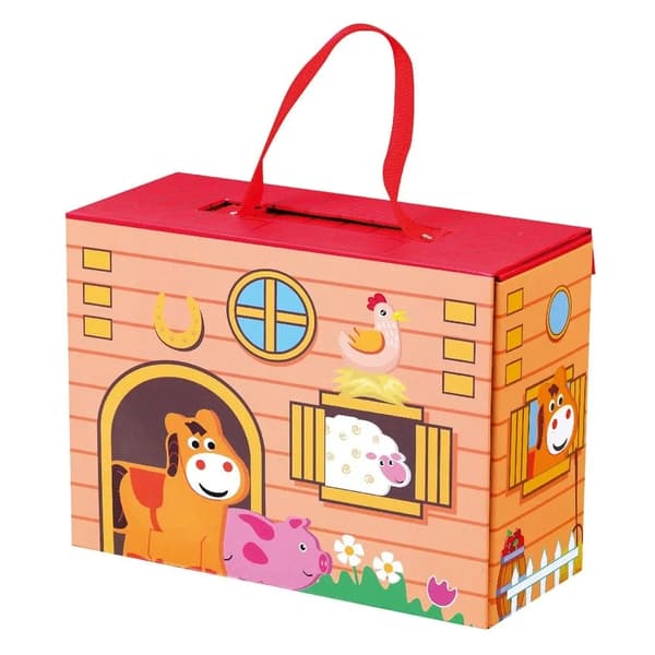 A suitcase with a farm theme and a play area