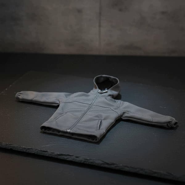 1:6 scale hooded jacket. Functional zip. 1:6 scale hunting coat. Black