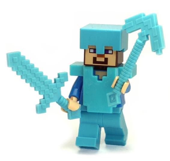 LEGO Steve minifigure – diamond armour, pickaxe, sword – Original