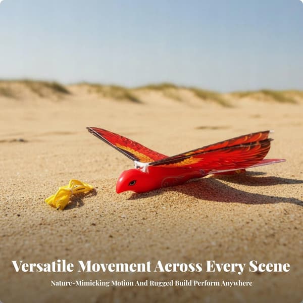 Hand-launched electric flying toy featuring a multi-coloured red bird for hand-launching