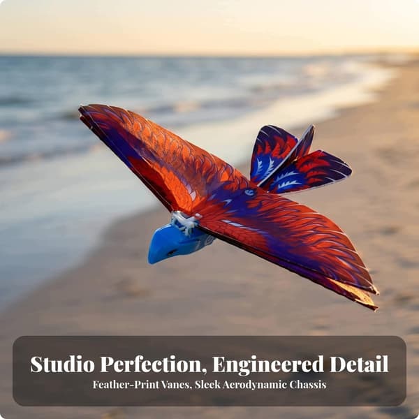 Hand-launched electric flying toy featuring a multi-coloured red bird for hand-launching