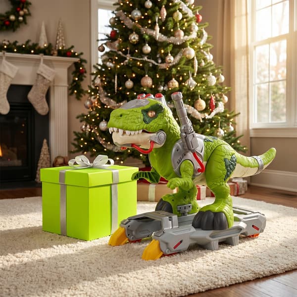 A LARGE INTERACTIVE T-REX DINOSAUR THAT BLOWS OUT STEAM, WALKS, ROARS AND GLOWS