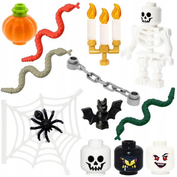 LEGO – Halloween decorations: skeleton, skull, snake, spider, bat, pumpkin