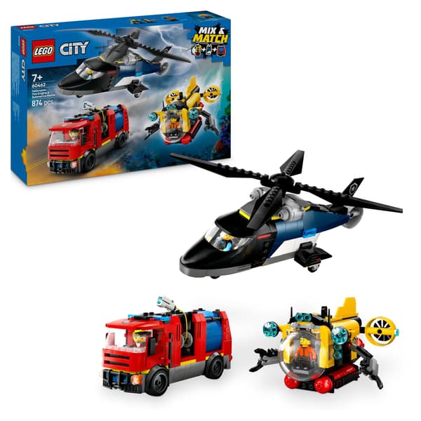 LEGO City 60462 Set featuring a Helicopter, Fire Engine and Submarine