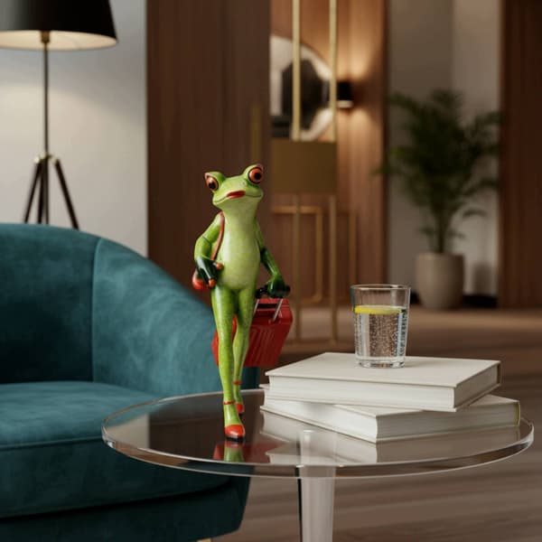 Frog figurine with a suitcase Travel-themed frog figurine Tabletop