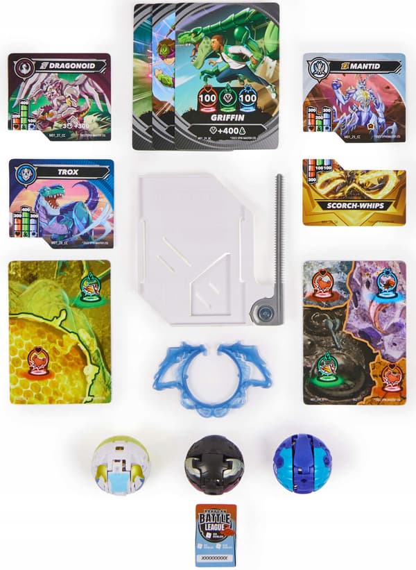 BAKUGAN MANTID TITANIUM DRAGONOID TROX SET: 3 FIGURINES + CARDS AND A RING
