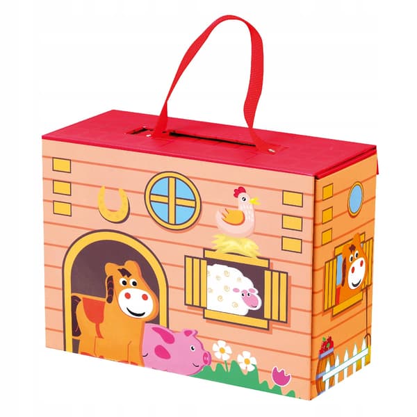 A suitcase with a farm theme and a play area