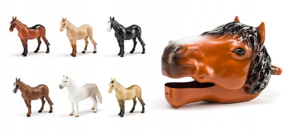 Horse’s head with horse figurines, 6 pieces