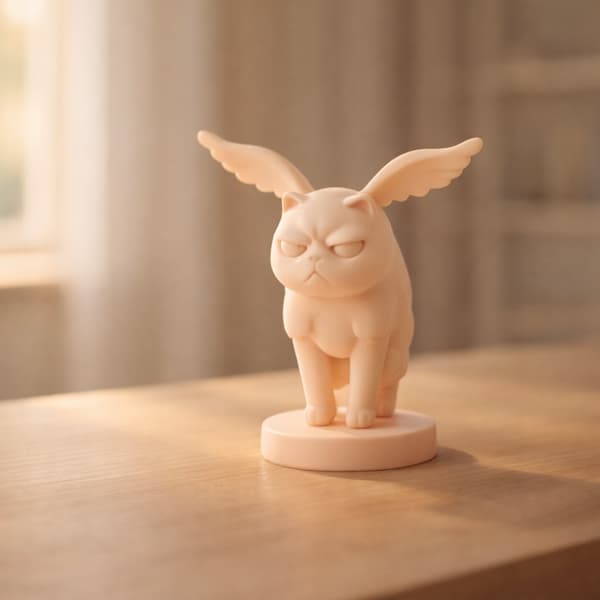 WINGED CAT FIGURINE ON A BASE FOR THE OFFICE – MANY COLOURS