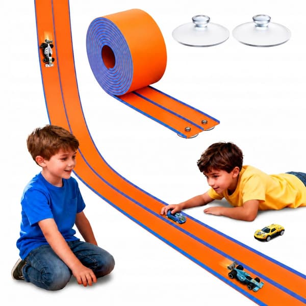 4.5M RACETRACK SET – SOFT RUBBER, 4 CARS, REVERSE FUNCTION, 2 SUCTION CUPS