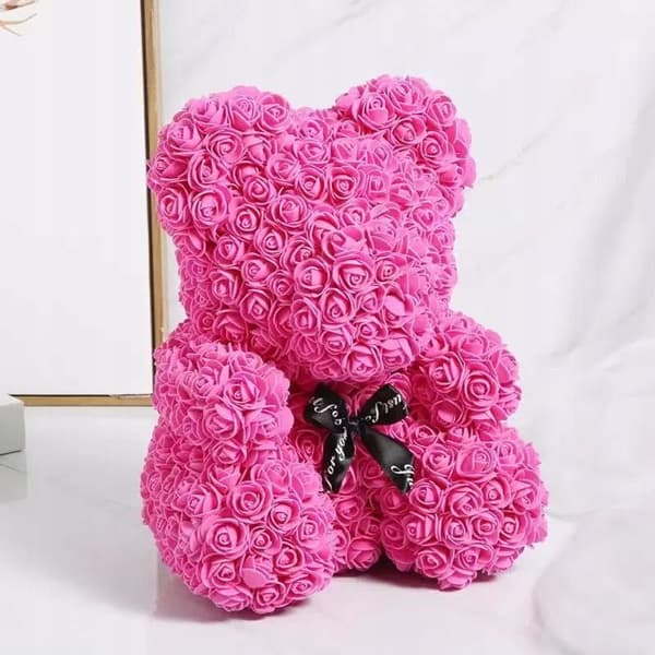 Pink Bear Figurine with Roses and a Bow – A Romantic Gift