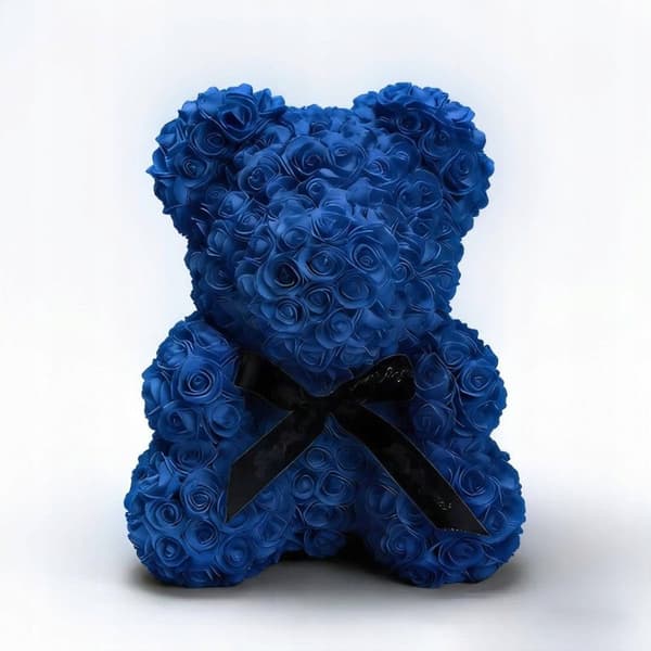 Blue Teddy Bear Figurine with Roses and a Bow – A Romantic Gift