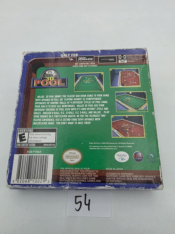 GAME BOY ADVANCE KILLER 3D POOL – ORIGINAL CARDBOARD BOX
