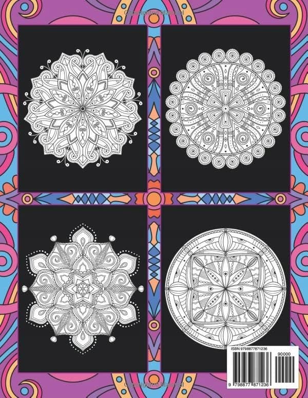 Rainbow, Happy Hues Mandala Colouring Book for Adults. Black Background Version