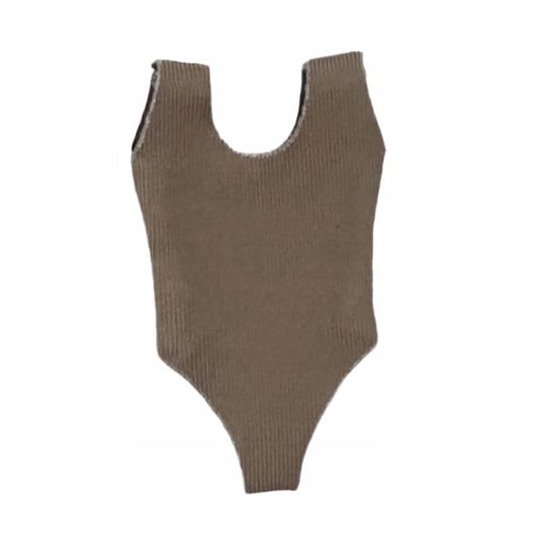 A miniature, figure-hugging swimsuit designed for a 1/12 scale action figure. Brown