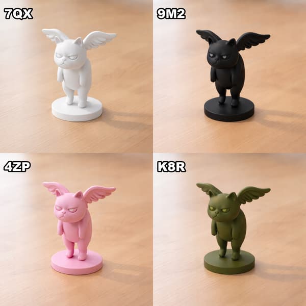 WINGED CAT FIGURINE ON A BASE FOR THE OFFICE – MANY COLOURS