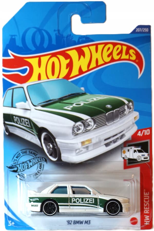 HOT WHEELS 92 BMW M3 POLIZEI UNIQUE + PROTECTOR – NEW SPRING-DRIVE CAR