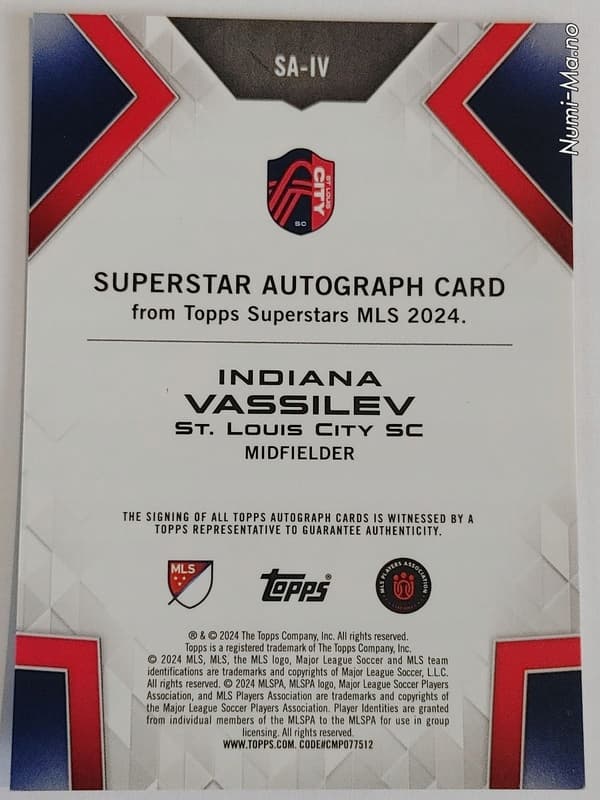 TOPPS MLS 2024 VASSILEV LIMITED EDITION CARD – INDIANA AUTOGRAPH
