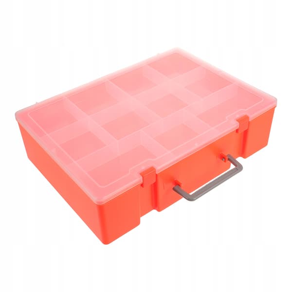 ORANGE PLASTIC STORAGE BOX FOR BUILDING BLOCKS, WITH A HANDLE AND COMPARTMENTS