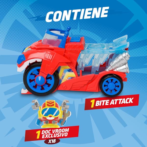 SUPERTHINGS BITE ATTACK VEHICLE WITH REMOVABLE CAGE AND DOC VROOM FIGURINE!