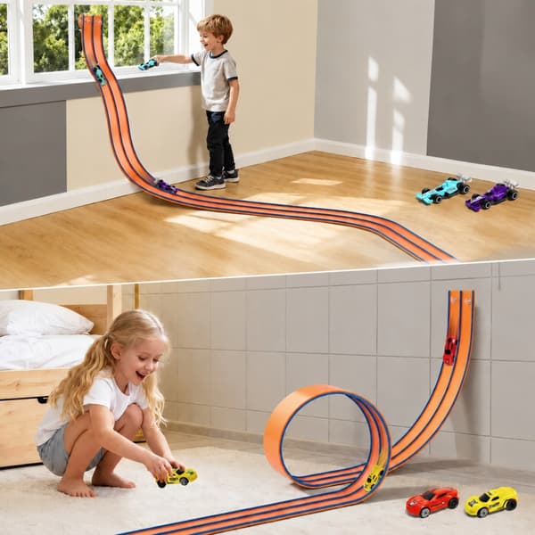 4.5M RACETRACK SET – SOFT RUBBER, 4 CARS, REVERSE FUNCTION, 2 SUCTION CUPS