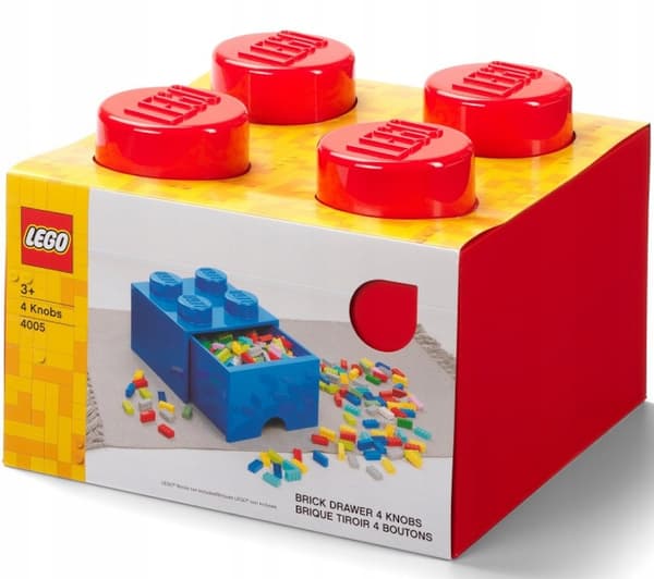 LEGO 4-Compartment Brick Storage Box with Drawer, 2x2 Container, Large Red Box