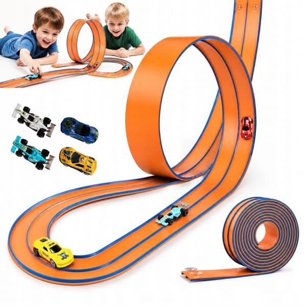 4.5M FLEXIBLE RUBBER RACING TRACK FOR 4 CARS, REVERSING FUNCTION, 2 SUCTION CUPS – DIY