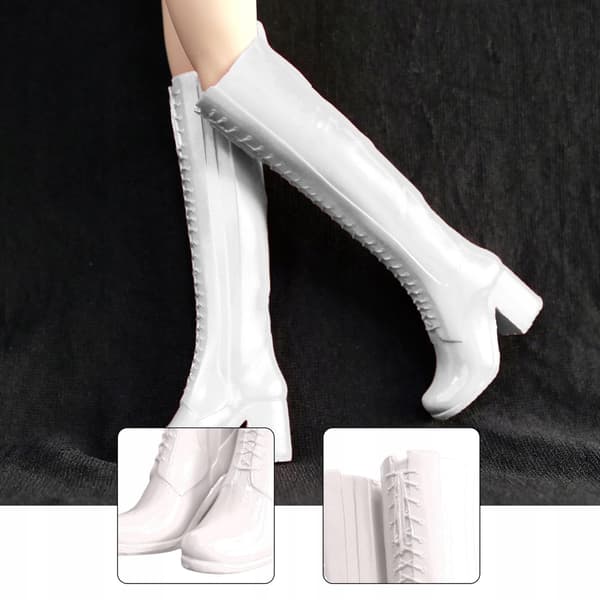 1/6 Scale Women’s Knee-High Boots, Doll Boots, Retro Boots, White Open-Toe Boots