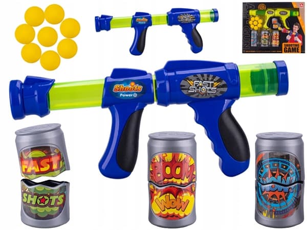 42 cm pull-back toy gun with 8 foam bullets and 3 cans.