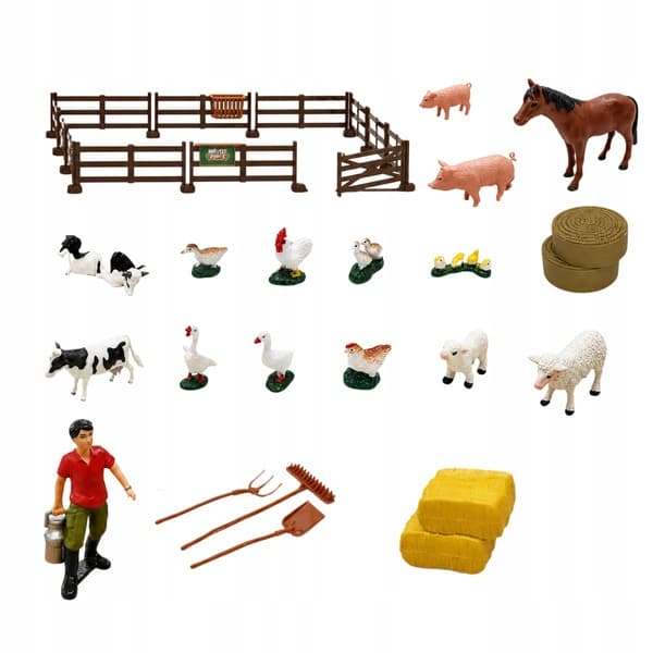 A FARM WITH A TRACTOR AND A BARN, ANIMALS