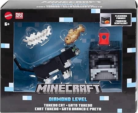 MATTEL MINECRAFT BLACK AND WHITE DIAMOND CAT FIGURINE WITH ACCESSORIES HTM07
