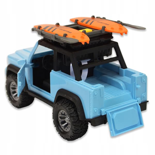 A battery-powered Jeep with a surfboard