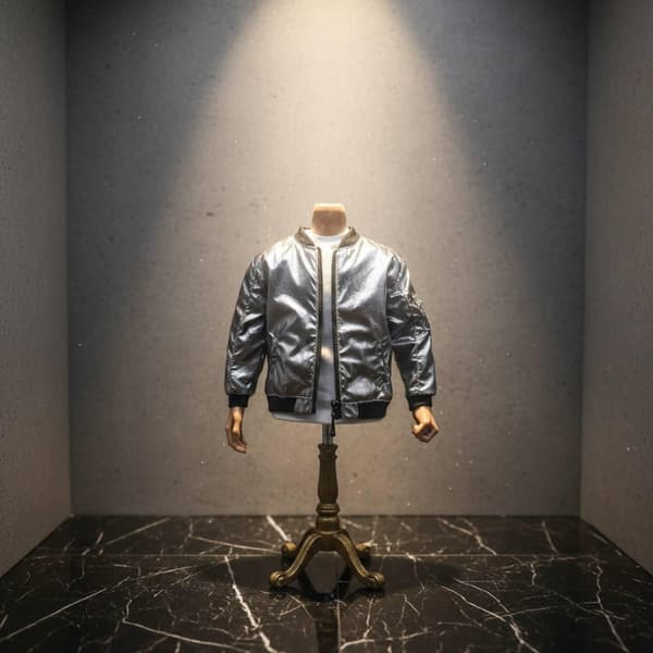 Cropped jacket in 1/6 scale. Zip fastening. 12-inch silver figure jacket