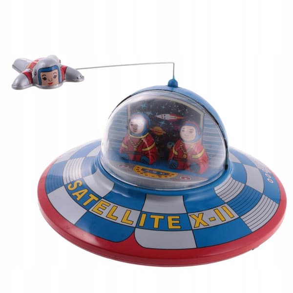 Retro spaceship satellite clock – metal collectable wind-up tin toy gift