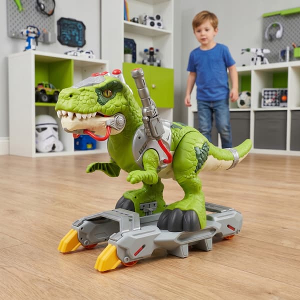 A LARGE INTERACTIVE T-REX DINOSAUR THAT BLOWS OUT STEAM, WALKS, ROARS AND GLOWS