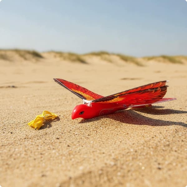 Battery-powered remote-controlled flying bird with a blue, articulated, hand-thrown design