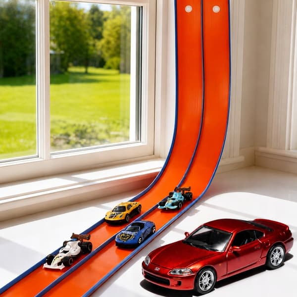4.5M RACETRACK SET – SOFT RUBBER, 4 CARS, REVERSE FUNCTION, 2 SUCTION CUPS